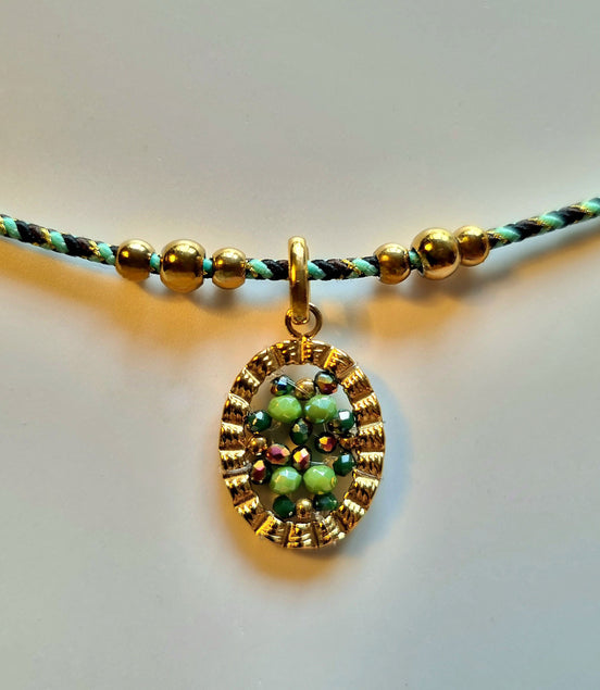 Necklace with Oval Pendant in Green and Gold
