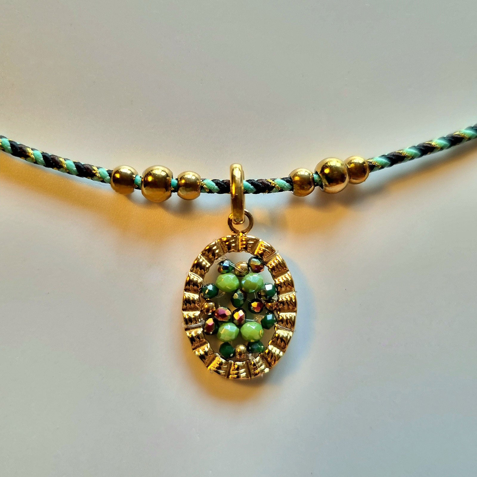 Necklace with Oval Pendant in Green and Gold