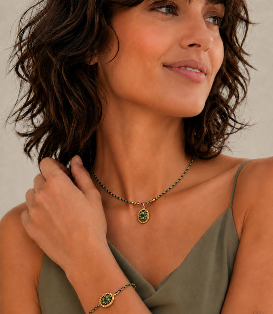 Necklace with Oval Pendant in Green and Gold