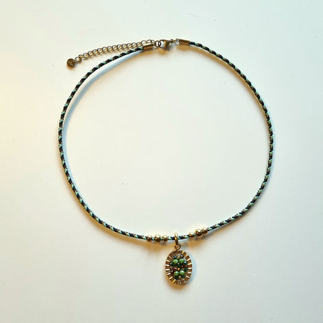 Necklace with Oval Pendant in Green and Gold