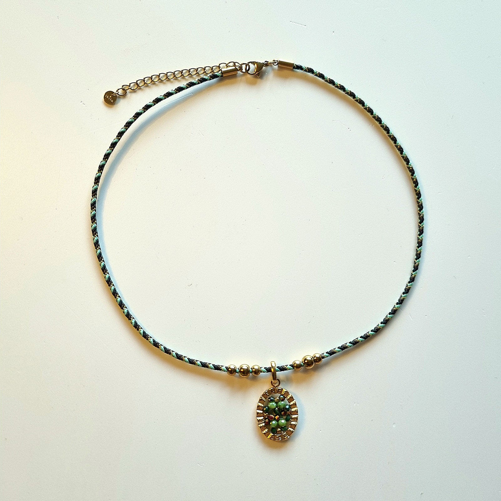 Necklace with Oval Pendant in Green and Gold