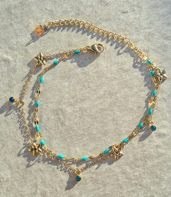 Doppelreihiges Fußkettchen Gold mit Blumen & Strass – Türkis