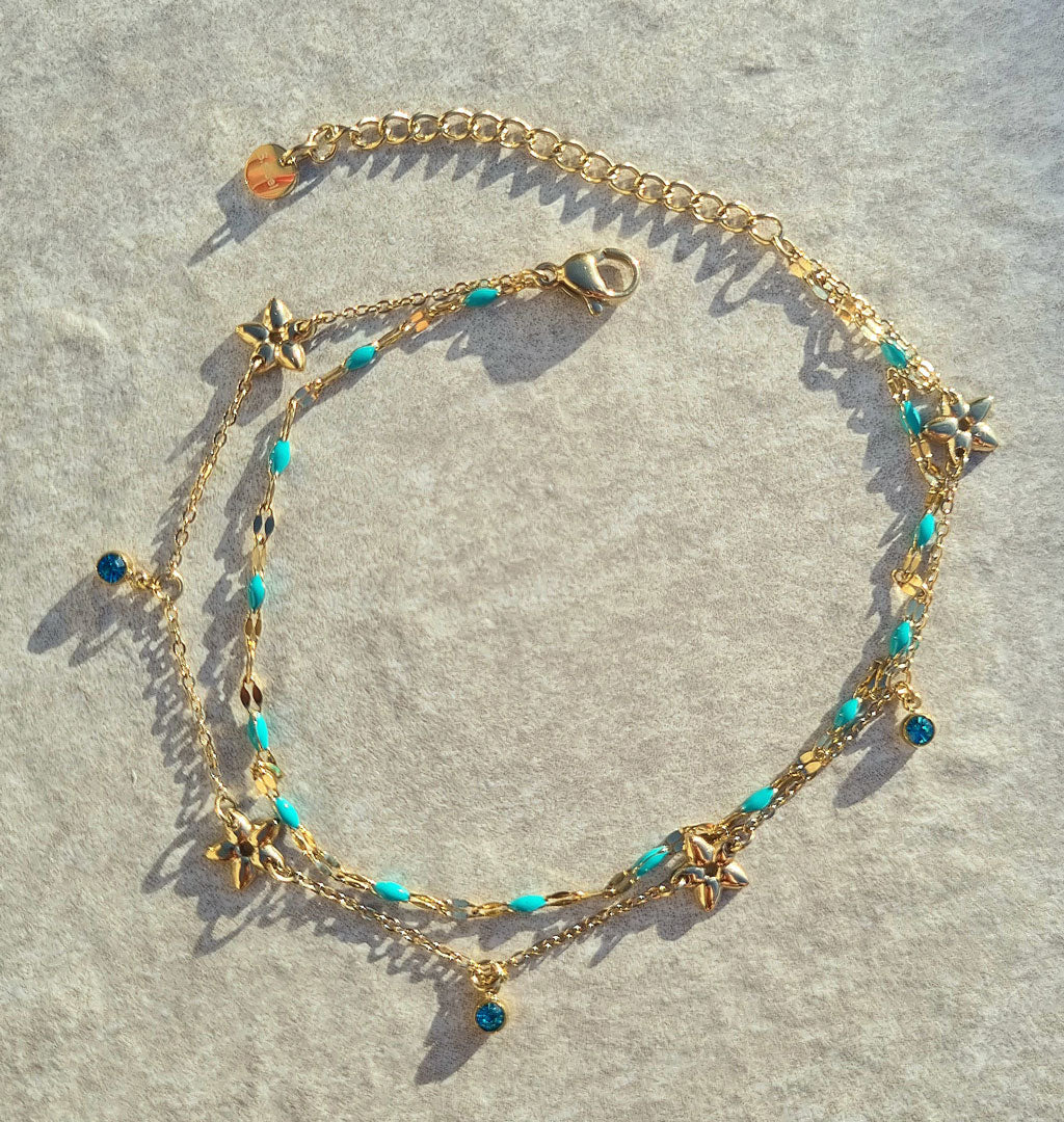 Doppelreihiges Fußkettchen Gold mit Blumen & Strass – Türkis
