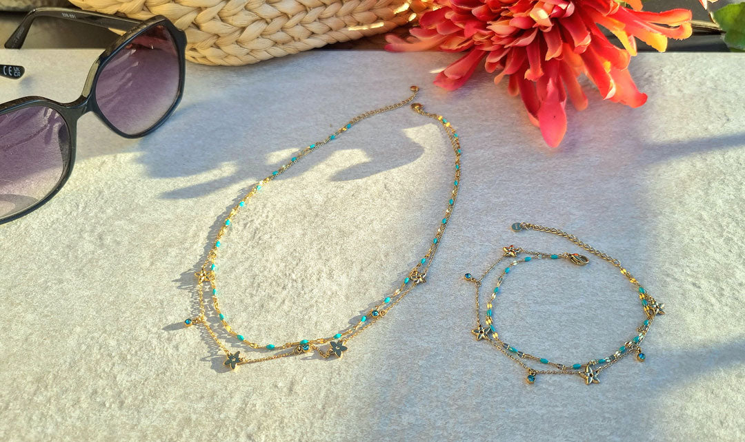 Doppelreihiges Fußkettchen Gold mit Blumen & Strass – Türkis