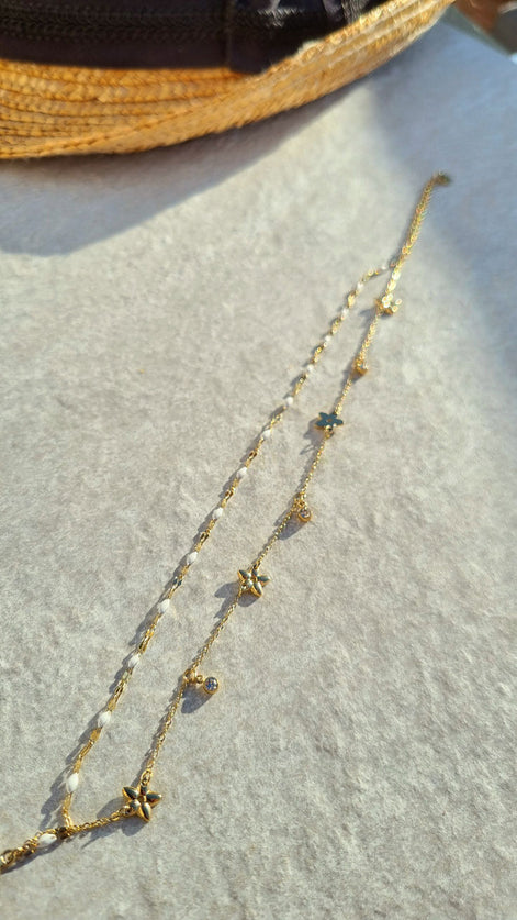 Doppelkette Fußkettchen Gold mit Blumen & Strass – weiß