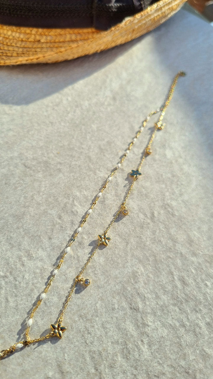 Doppelkette Fußkettchen Gold mit Blumen & Strass – weiß