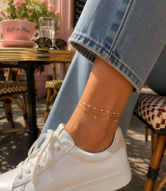 Doppelkette Fußkettchen Gold mit Blumen & Strass – weiß
