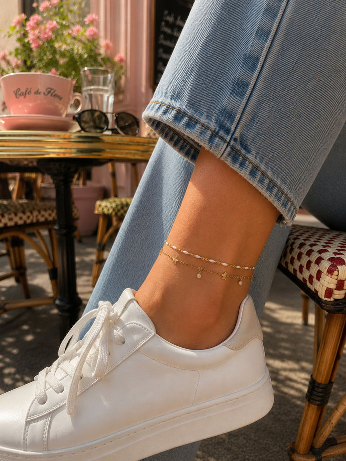Doppelkette Fußkettchen Gold mit Blumen & Strass – weiß