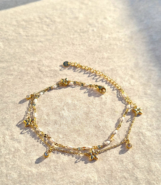 Doppelkette Fußkettchen Gold mit Blumen & Strass – weiß