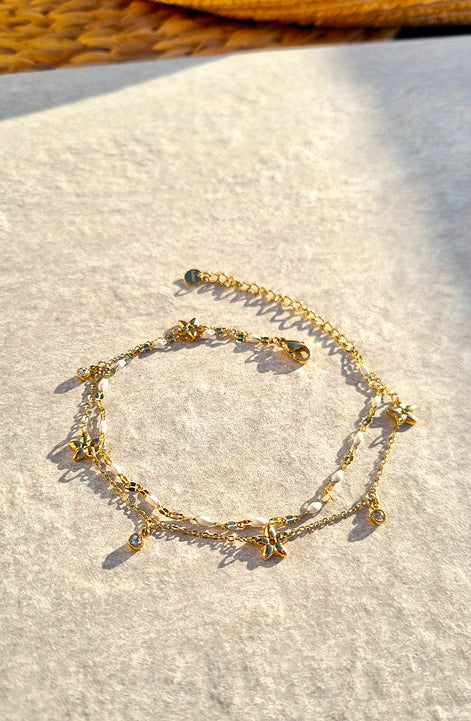 Doppelkette Fußkettchen Gold mit Blumen & Strass – weiß