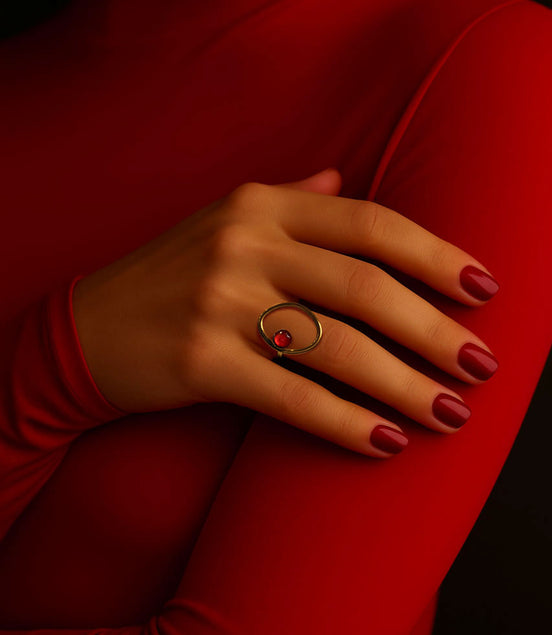 Ring, goldfarben  Karneolstein rot – Edelstahl, größenverstellbar