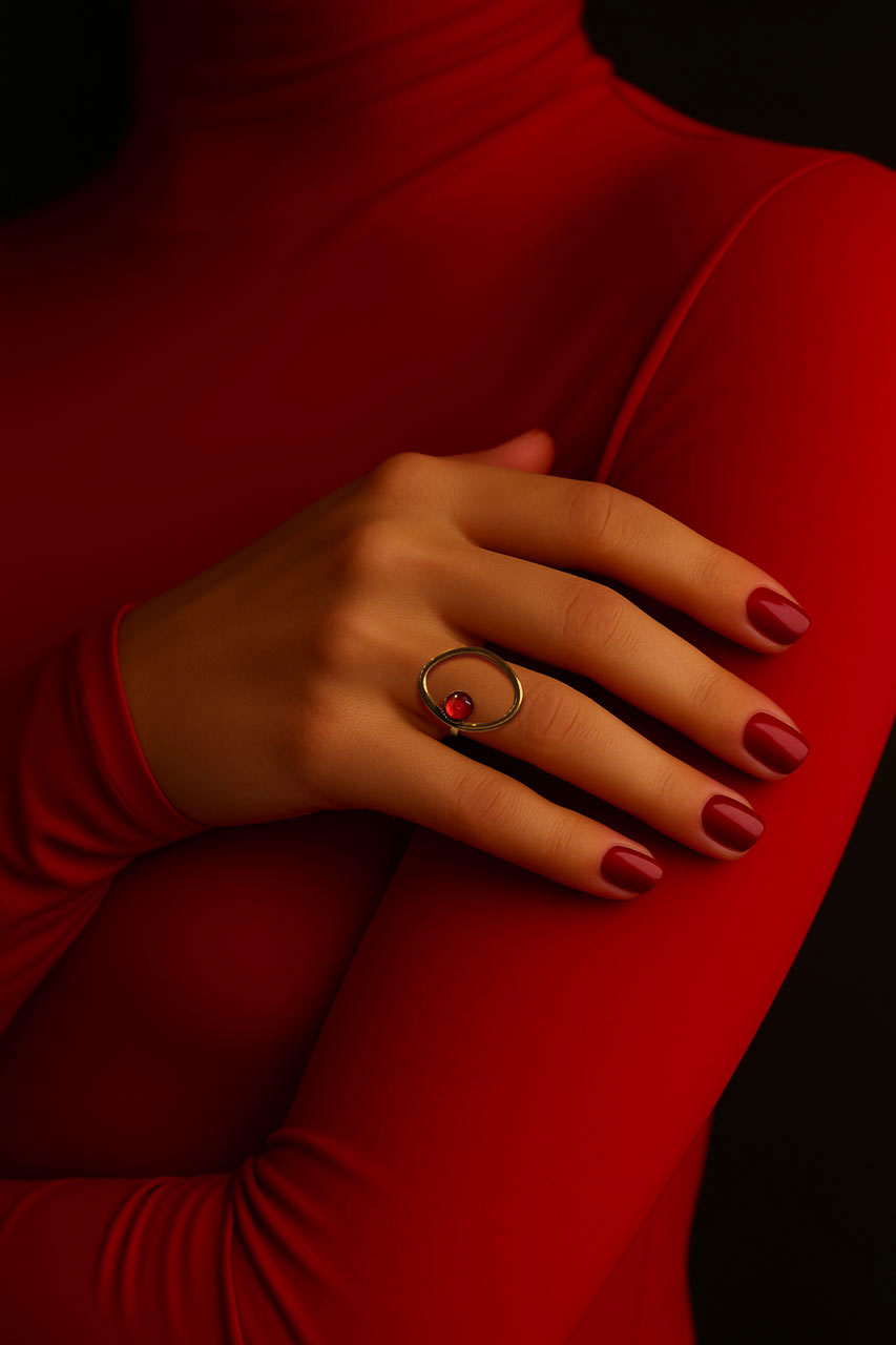 Ring, goldfarben  Karneolstein rot – Edelstahl, größenverstellbar