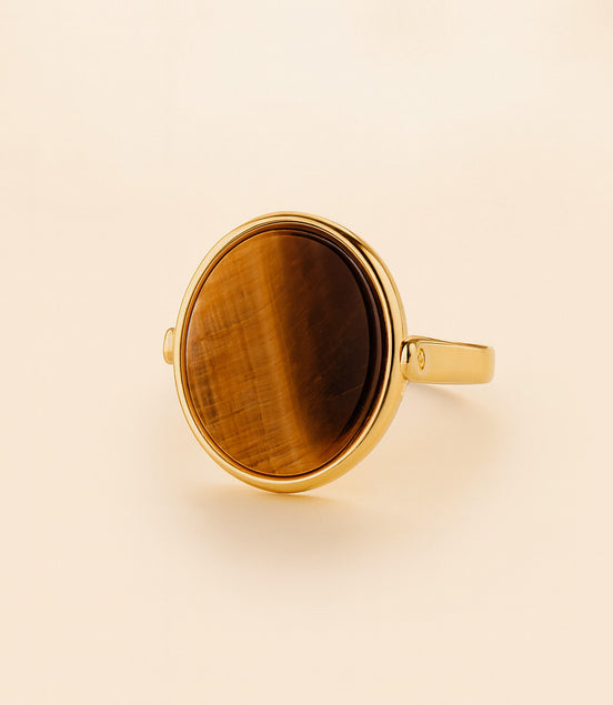 Ring, goldfarben oval Naturstein Tigerauge braun – Edelstahl, größenverstellbar