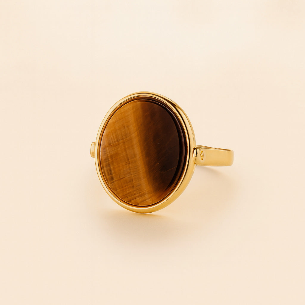 Ring, goldfarben oval Naturstein Tigerauge braun – Edelstahl, größenverstellbar