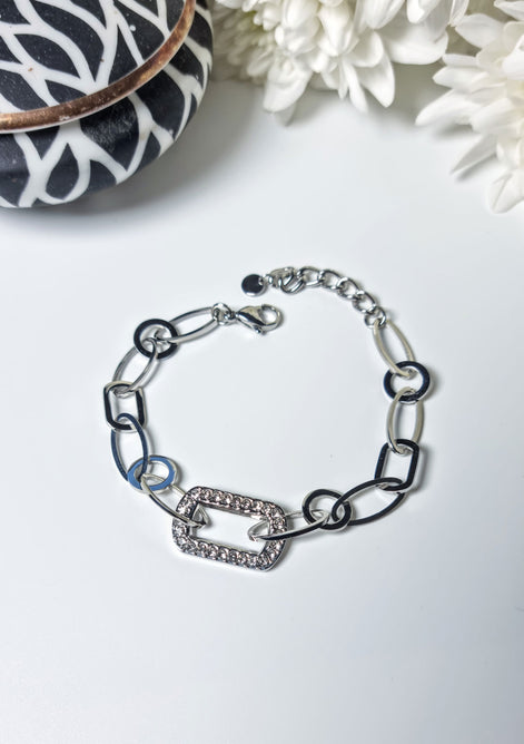 Stainless steel bracelet, silver-colored with rectangular rhinestone element