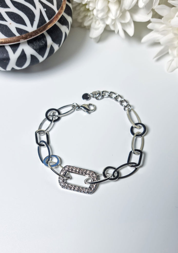 Stainless steel bracelet, silver-colored with rectangular rhinestone element