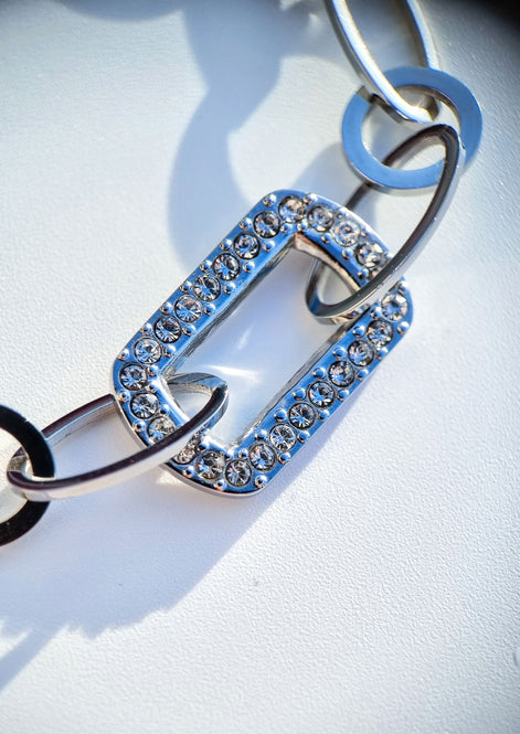 Stainless steel bracelet, silver-colored with rectangular rhinestone element