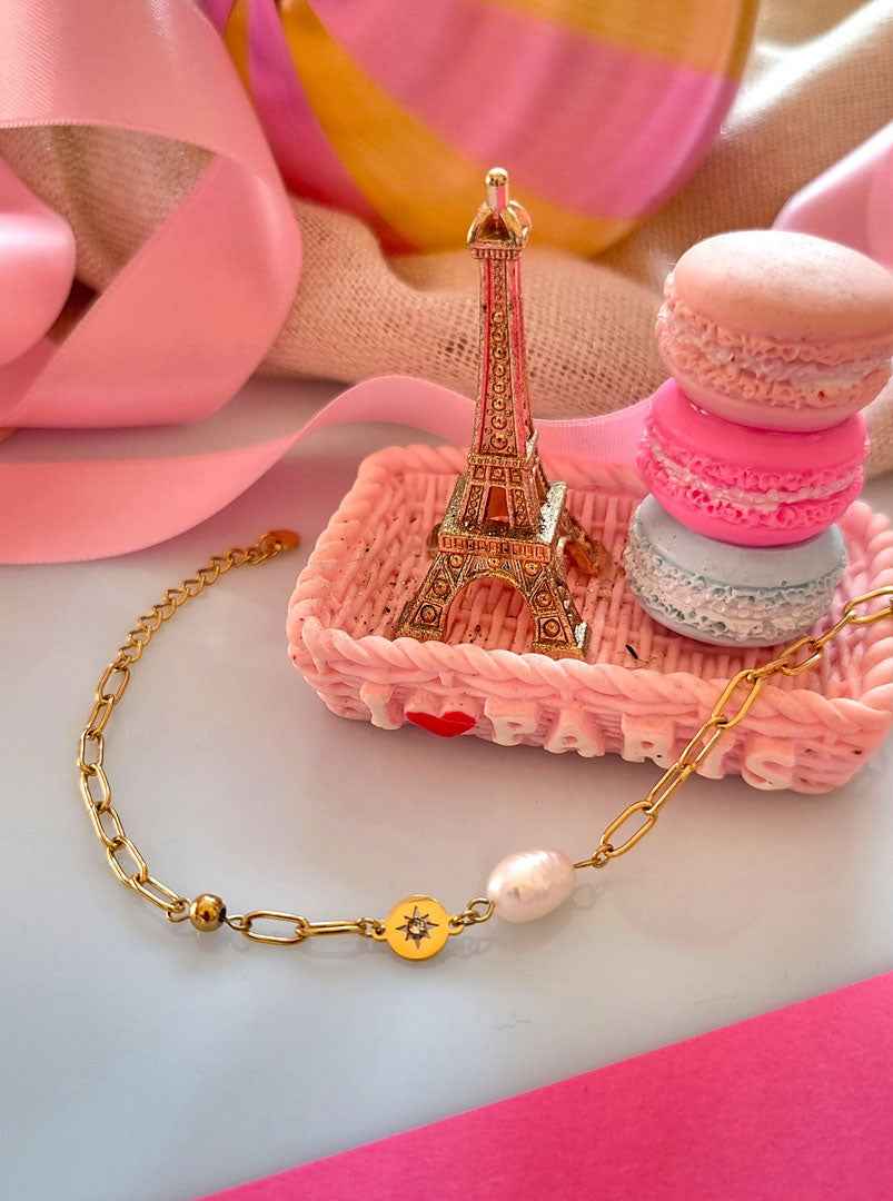 Zartes Armkettchen Goldfarben – mit Süßwasserperle, Stern und Strassstein