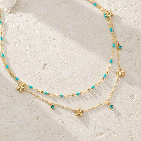 Doppelreihige Halskette Türkis-Gold mit Strass