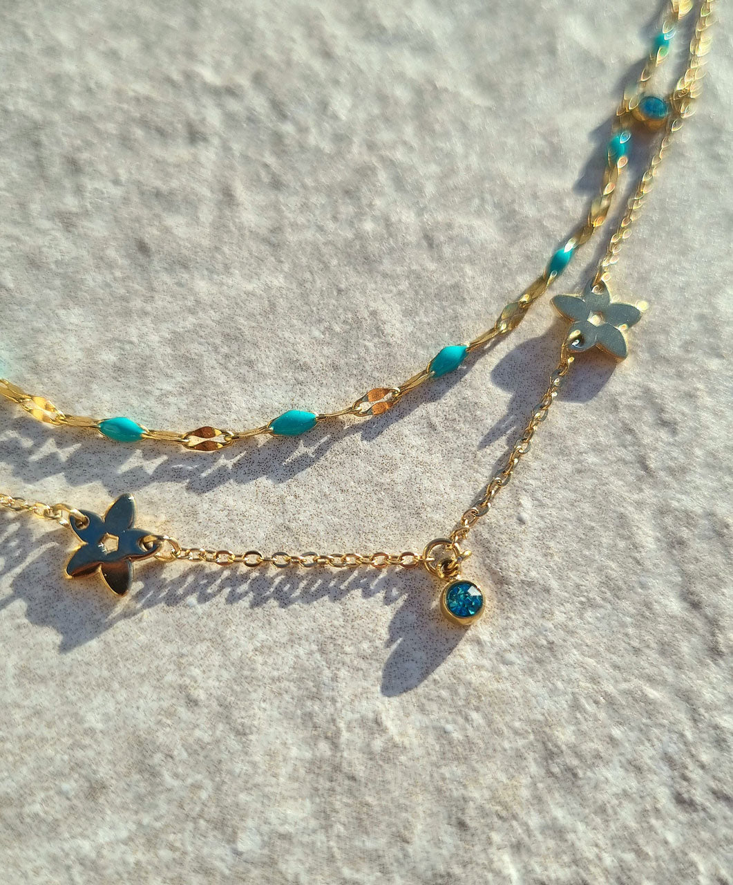 Doppelreihige Halskette Türkis-Gold mit Strass