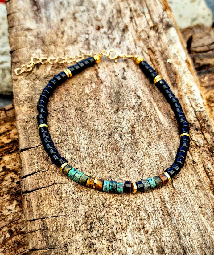 Naturstein-Armband schwarz mit Tigerauge, Onyx und Hämatit